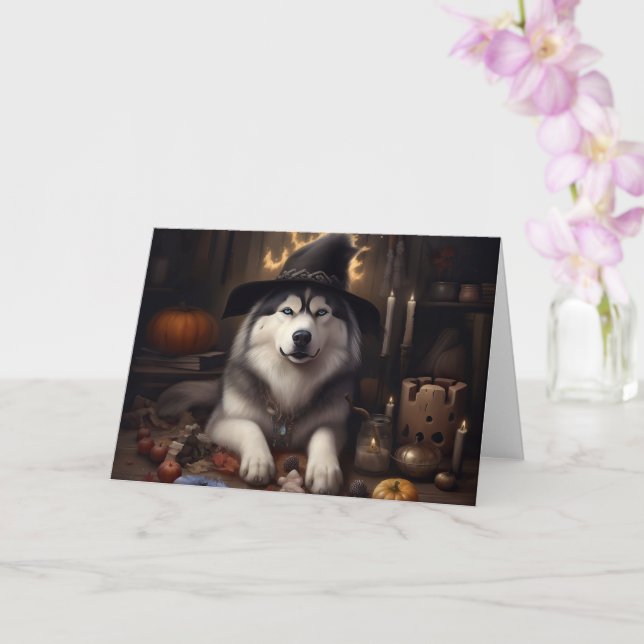 Alaskan Malamute Pumpa Halloween Skräck Kort (Orkide)