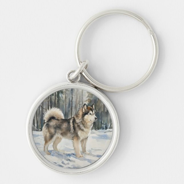 Alaskan Malamute Rund Silverfärgad Nyckelring (Framsidan)