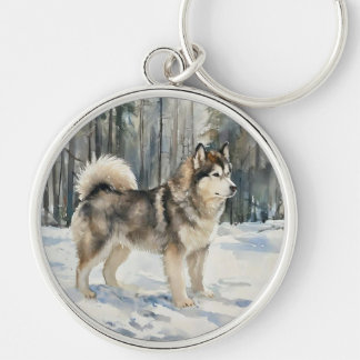 Alaskan Malamute Rund Silverfärgad Nyckelring