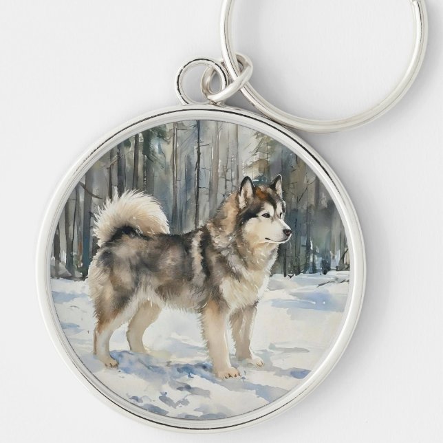 Alaskan Malamute Rund Silverfärgad Nyckelring (Framsidan)