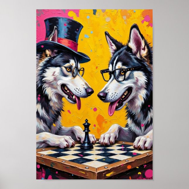 Alaskan Malamute Spelar Schack Pop Art Poster (Framsidan)
