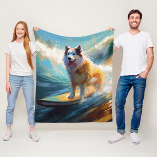 Alaskan Malamute Strand Surfing Målning Fleecefilt