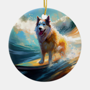 Alaskan Malamute Strand Surfing Målning Julgransprydnad Keramik
