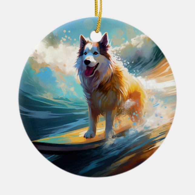 Alaskan Malamute Strand Surfing Målning Julgransprydnad Keramik (Framsidan)