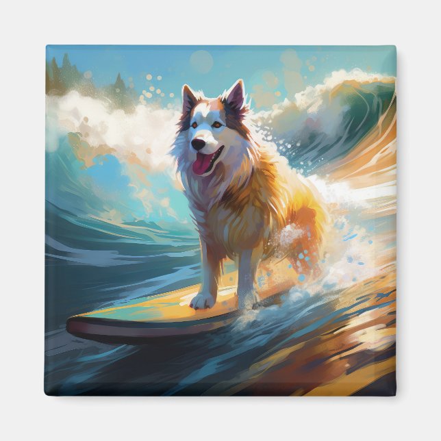 Alaskan Malamute Strand Surfing Målning Magnet (Framsidan)