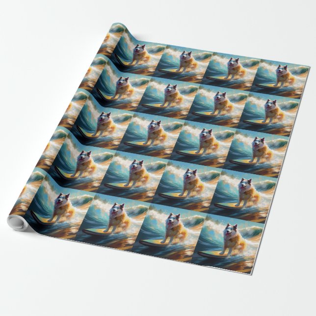 Alaskan Malamute Strand Surfing Målning Presentpapper (Utrullad)