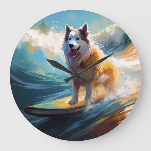 Alaskan Malamute Strand Surfing Målning Stor Klocka (Framsida)