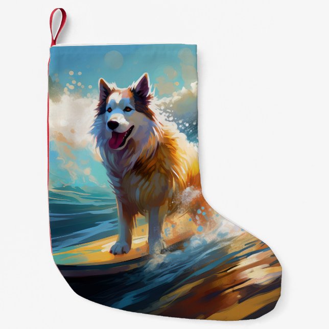 Alaskan Malamute Strand Surfing Skulptur målning b Liten Julstrumpa (Framsidan)