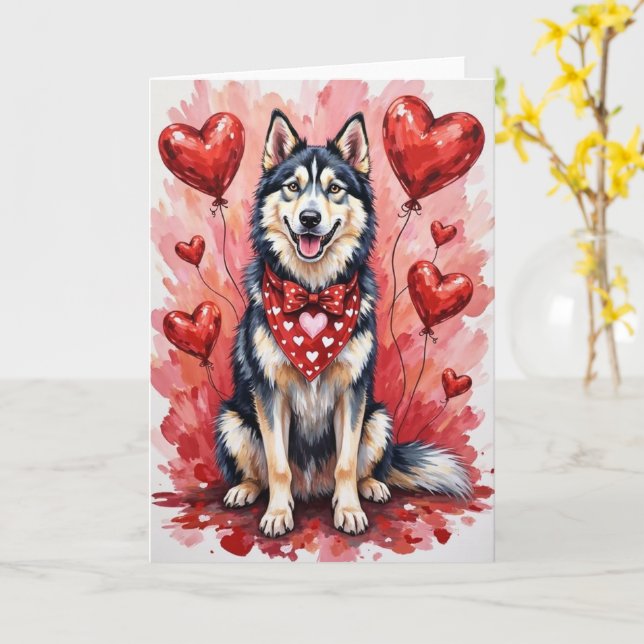 Alaskan Malamute Valentine’s Day Dog with Hearts Kort (Gul blomma)