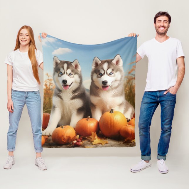 Alaskan Malamute Valp Höstglädje Pumpa Fleecefilt (På plats)