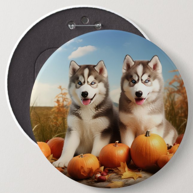 Alaskan Malamute Valp Höstglädje Pumpa Knapp (Framsida & baksida)