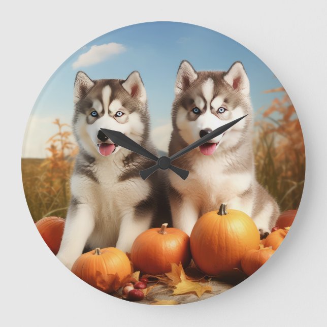 Alaskan Malamute Valp Höstglädje Pumpa Stor Klocka (Framsida)