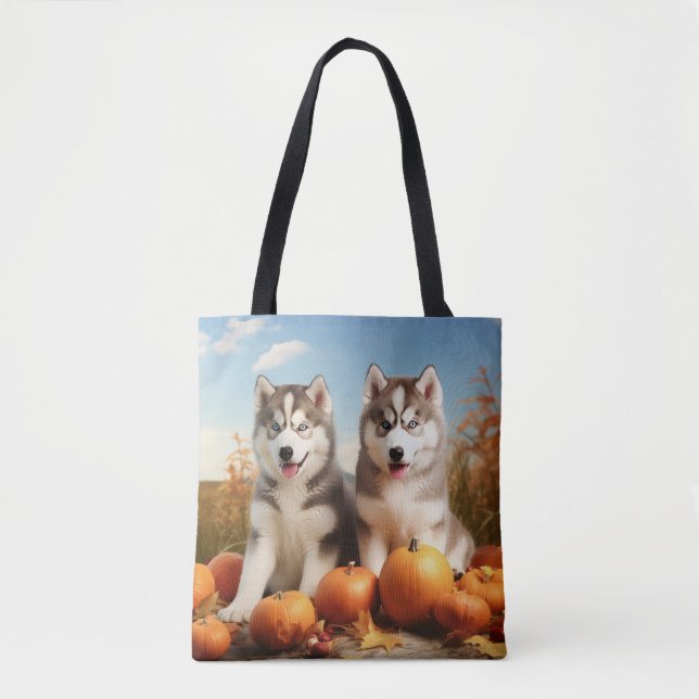 Alaskan Malamute Valp Höstglädje Pumpa Tygkasse (Framsida)