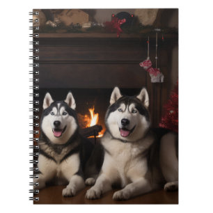 Alaskan Malamute vid öppen spis jul Anteckningsbok