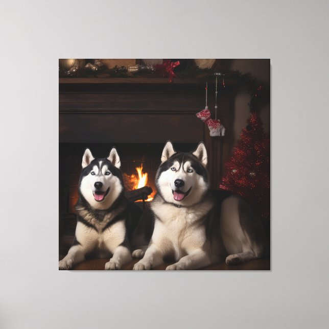 Alaskan Malamute vid öppen spis julen Canvastryck (Framsida)