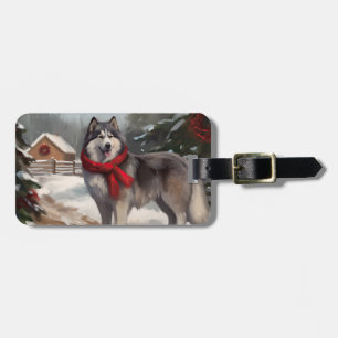 Alaskansk Malamute Hund i Snö Jul Bagagebricka