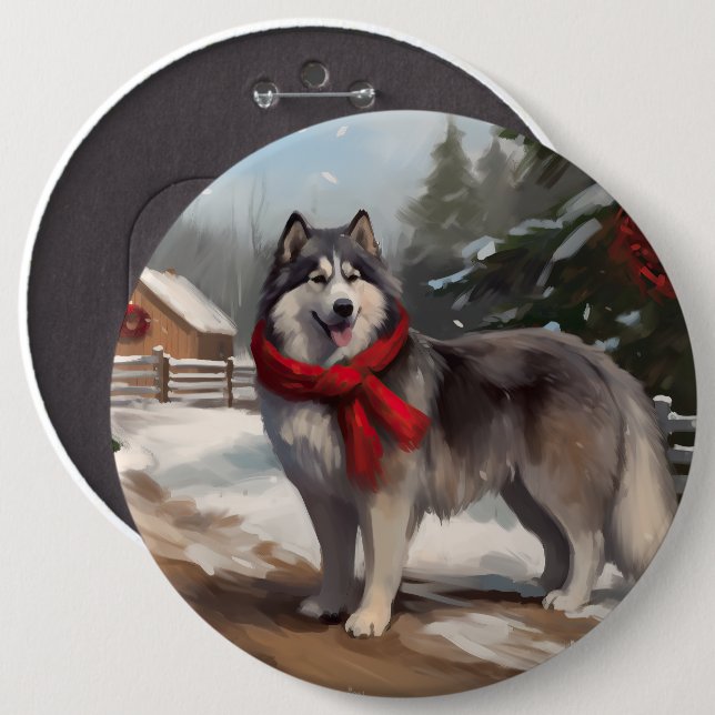 Alaskansk Malamute Hund i Snö Jul Knapp (Framsida & baksida)