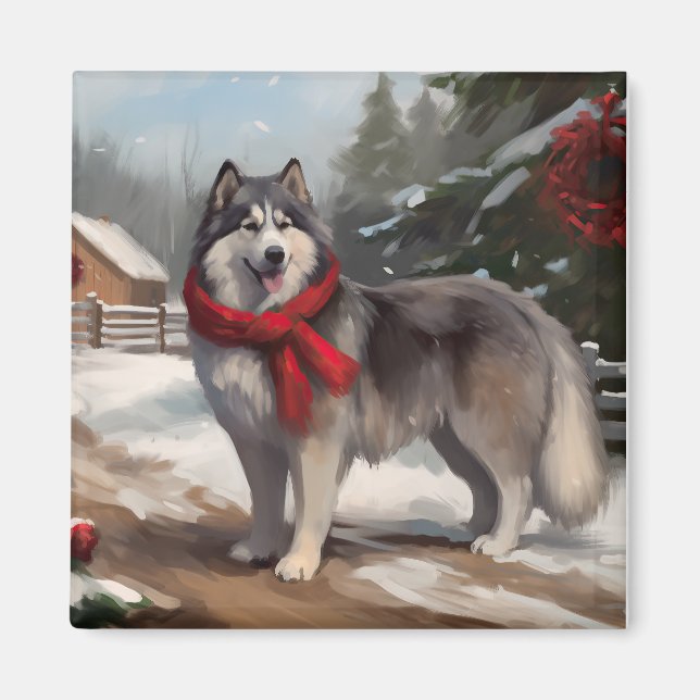 Alaskansk Malamute Hund i Snö Jul Magnet (Framsidan)