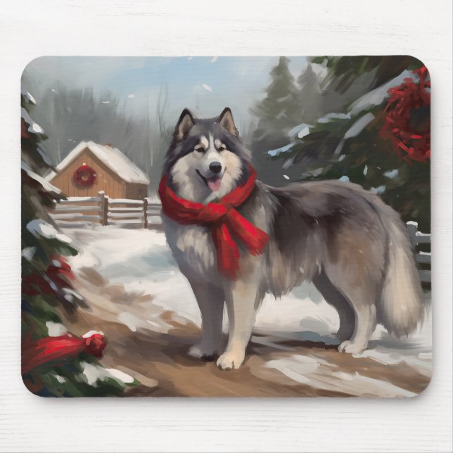 Alaskansk Malamute Hund i Snö Jul Musmatta (Framsidan)