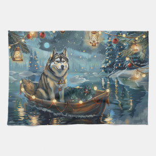 Alaskansk Malamute Julfestlig resa Kökshandduk