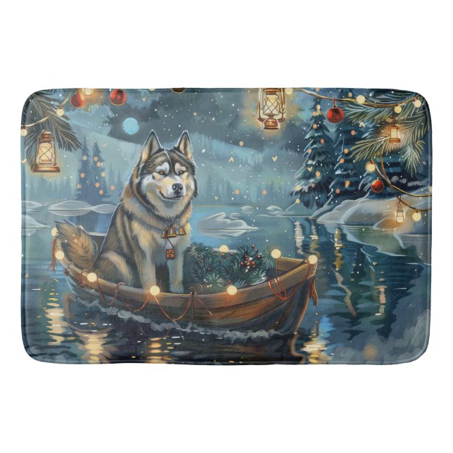 Alaskansk Malamute Julfirande Resa Badrumsmatta (Framsidan)