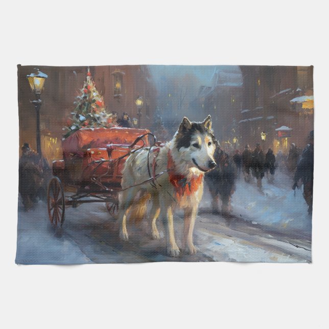 Alaskansk Malamute Julhögtidssäsong Kökshandduk (Horisontell)