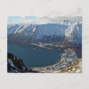 Alaskiska bergskedjan och staden nedanför vykort