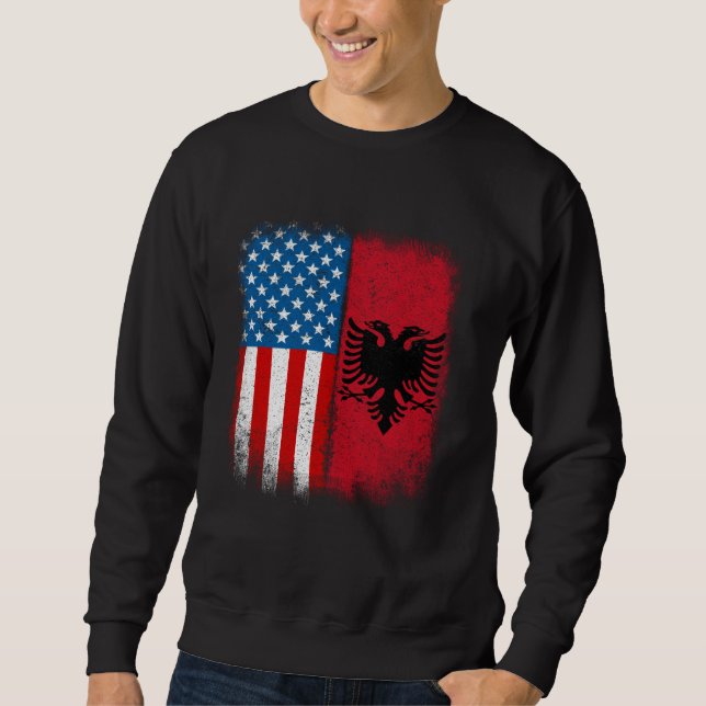 Albanian American Flag Albania Flamuri Shqiptar Sh Lång Ärmad Tröja (Framsida)