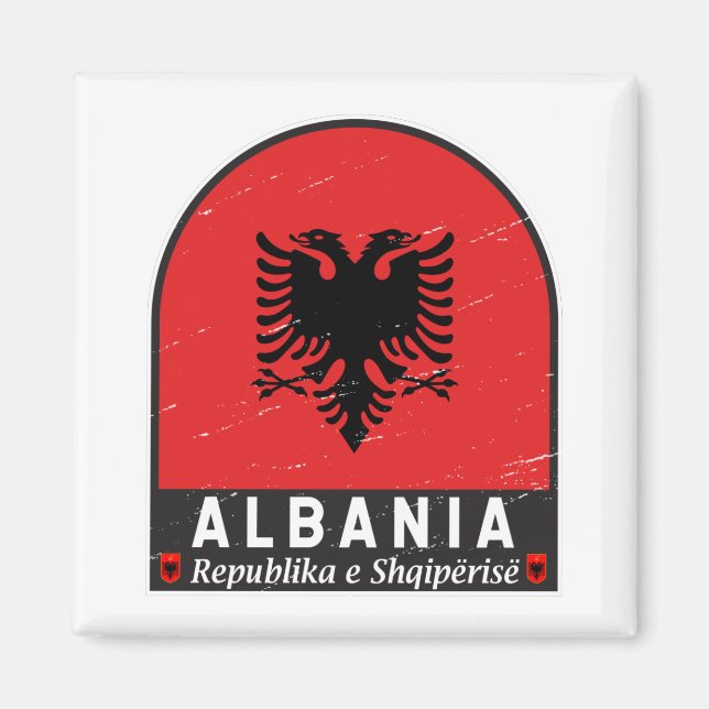 Albanien Flagga Emblem Distress Magnet (Framsidan)