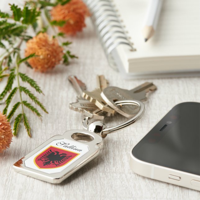 Albanien flagga rektangulärt silverfärgad nyckelring (Sidan)