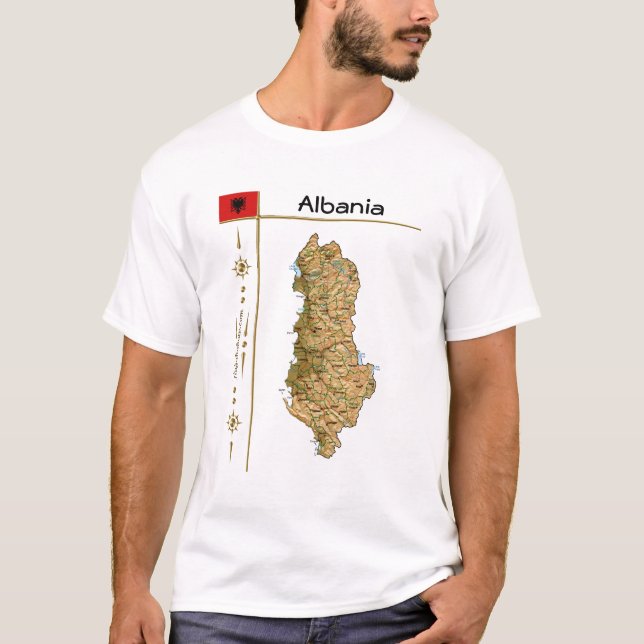 Albanien Karta + Flagga + Avdelning T-Shirt (Framsida)