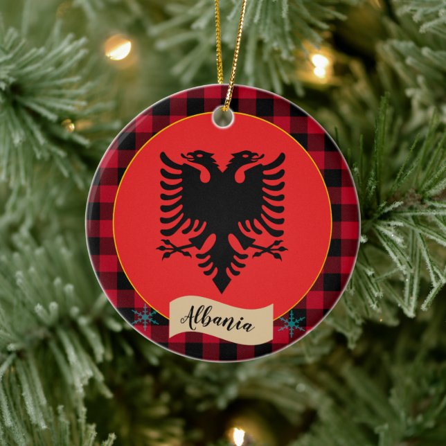 Albanien, Red buffalo plaid & Albanian Flagga Julgransprydnad Keramik (Träd)