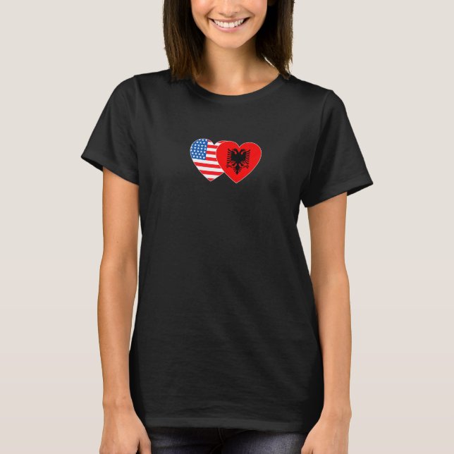 Albanien &USA flagga Twin Heart för albanska ameri T Shirt (Framsida)