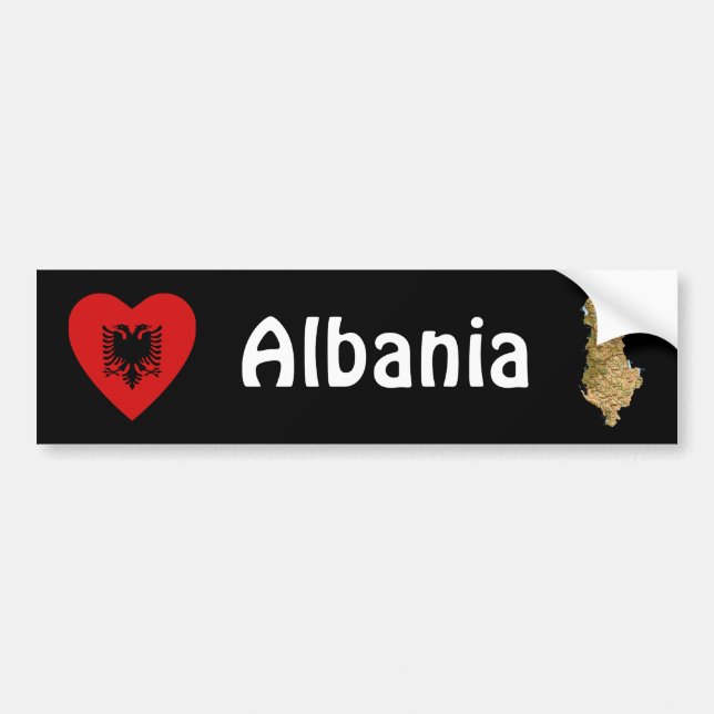 Albaniens Flagga Heart + Karta Bumper Sticker Bildekal (Framsidan)