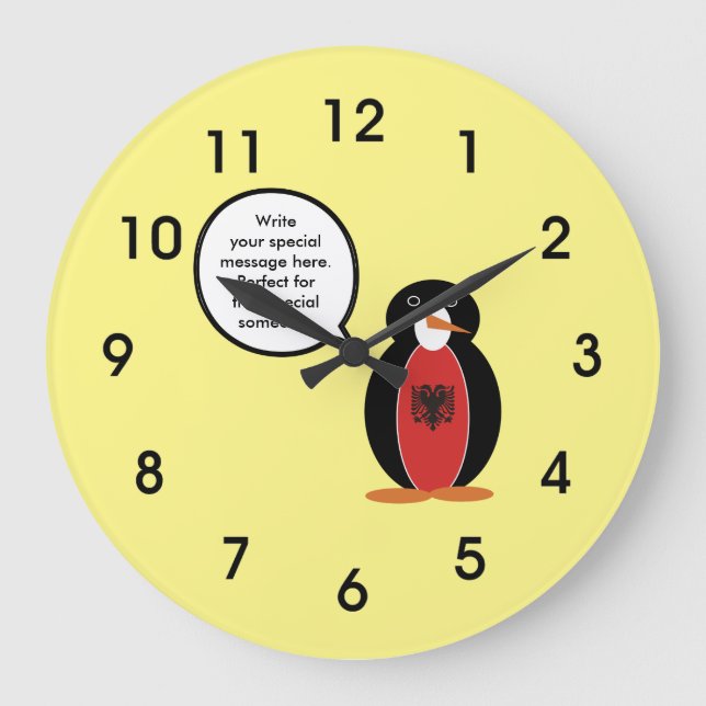 Albansk Flagga som talar Penguin Large Clock Stor Klocka (Framsida)