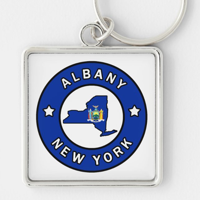 Albany New York Fyrkantig Silverfärgad Nyckelring (Framsidan)