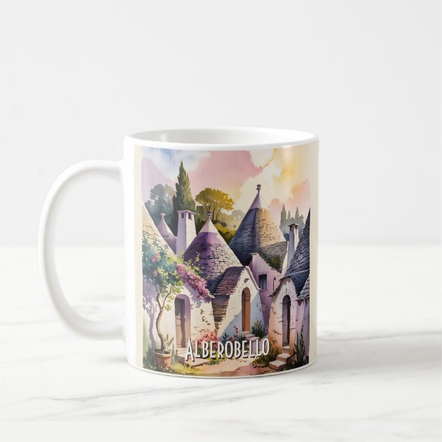 Alberobello Italien Trulli Akvarell Anpassad Text Kaffemugg (Vänster)