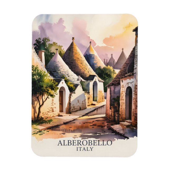 Alberobello Italy lTrulli Village Watercolor Retro Magnet (Vertikal)