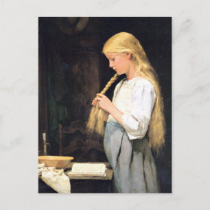 Albert Anker, Mädchen die Haare flechtend Vykort
