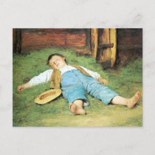 Albert Anker, Schlafender Knabe im Heu Vykort