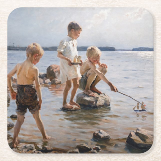 Albert Edelfilt - Boys spelar på Shore Underlägg Papper Kvadrat (Framsidan)