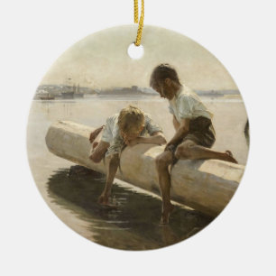 Albert Edelfilt - två pojkar på en logg Julgransprydnad Keramik