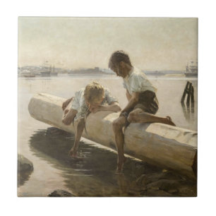 Albert Edelfilt - två pojkar på en logg Kakelplatta