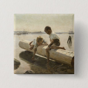 Albert Edelfilt - två pojkar på en logg Knapp