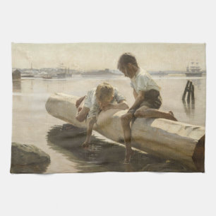 Albert Edelfilt - två pojkar på en logg Kökshandduk