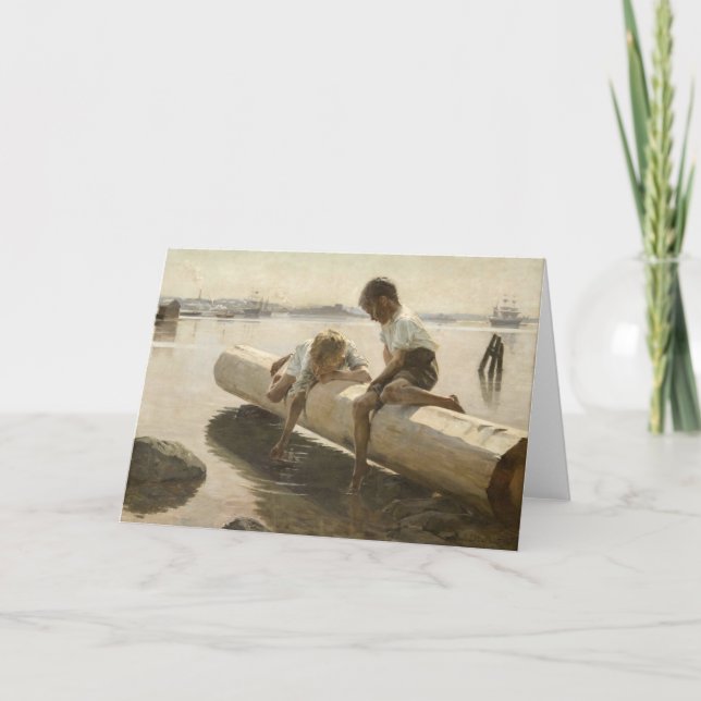 Albert Edelfilt - två pojkar på en logg Kort (Framsida)