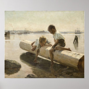 Albert Edelfilt - två pojkar på en logg Poster