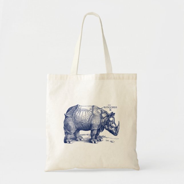 Albrecht Durer Renaissance Rhinoceros Navy Blue Tygkasse (Framsidan)