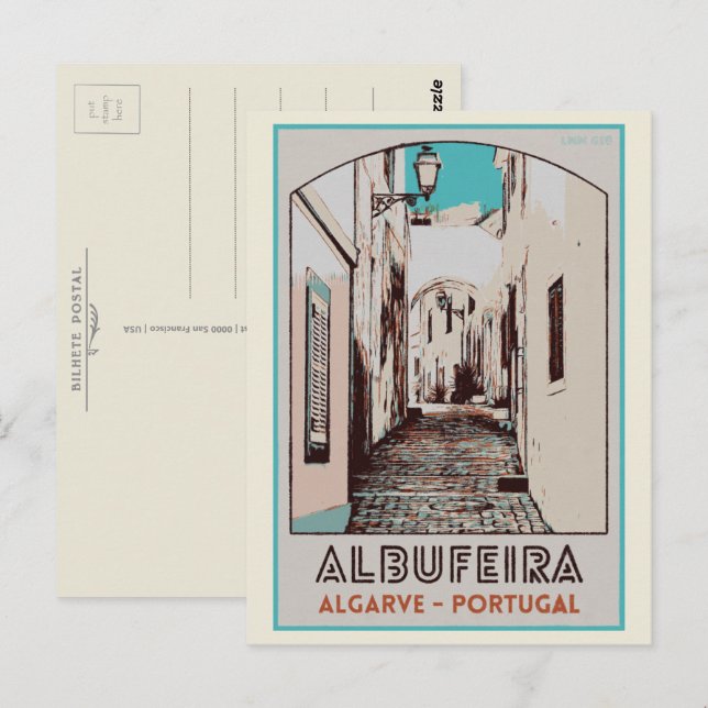 Albufeira, gammalt stadsillustration Algarve Portu Vykort (Fram/baksida)