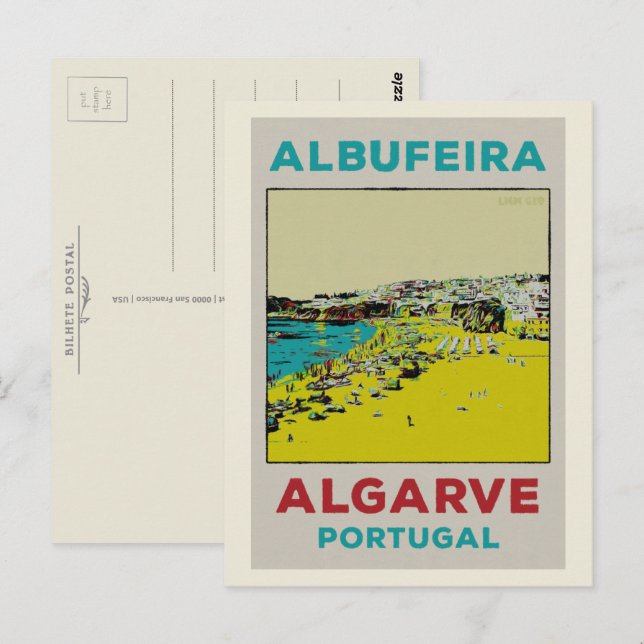 Albufeira-strandillustration Algarve Vykort (Fram/baksida)